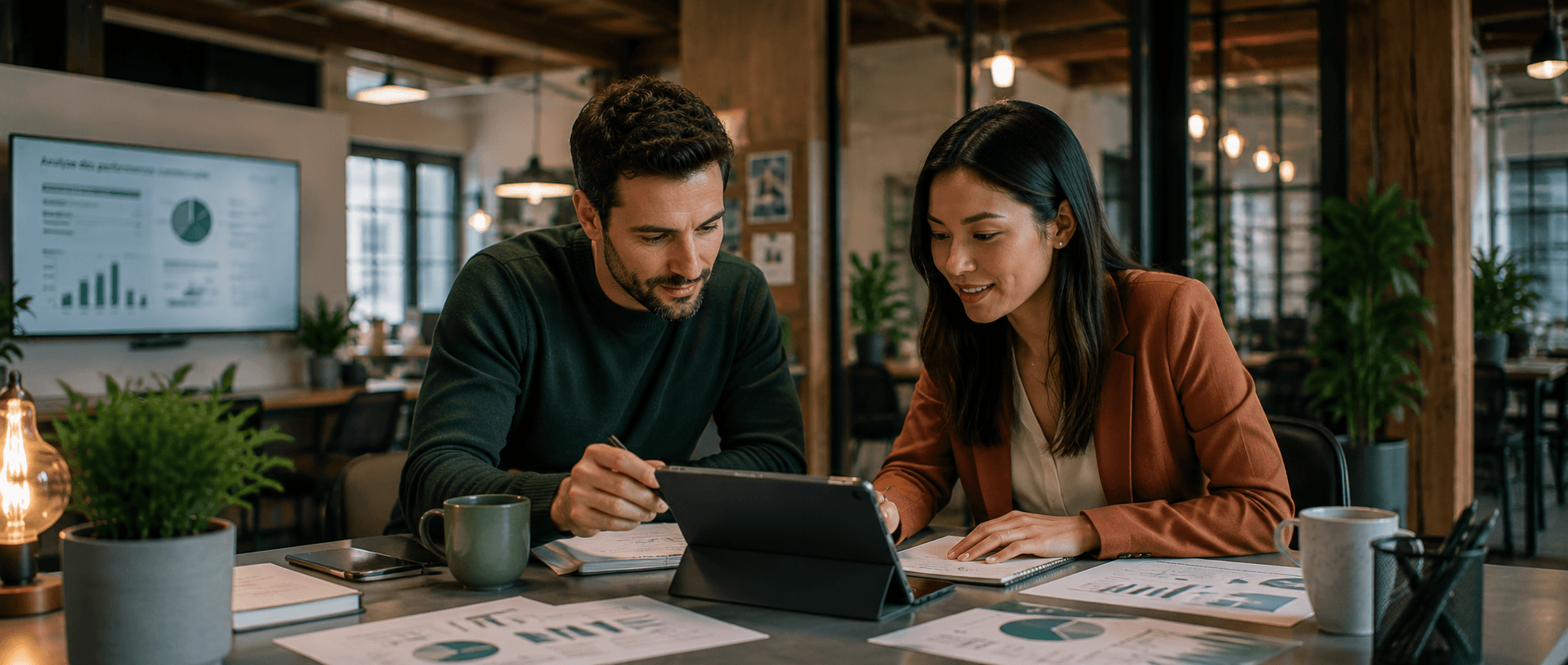 Deux professionnels analysent des indicateurs métier sur une tablette.